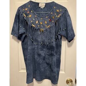 Vintage Club Zodiac Embellished Fringe Top Tie Dye Studded Boho Festival Tee